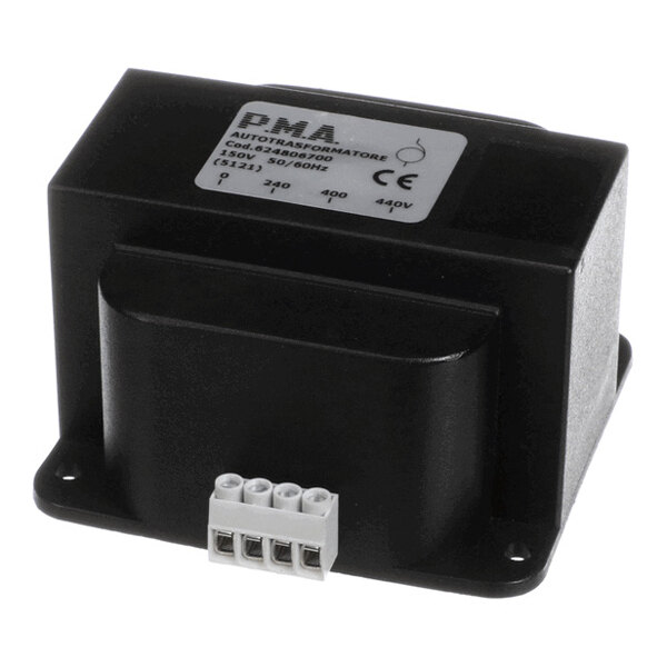A black rectangular electrical component with a label on top and four white terminal connectors on the front.