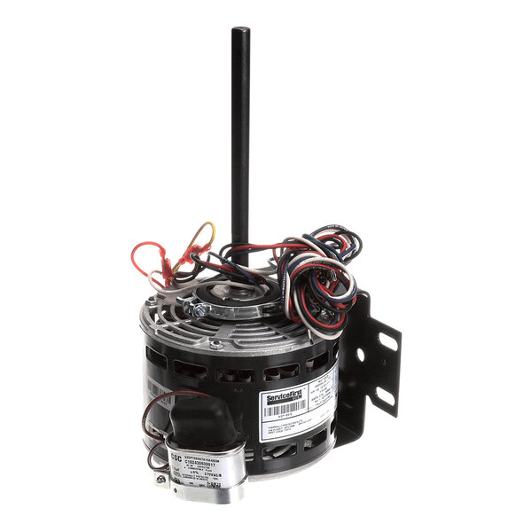 A cylindrical electric motor with attached wires, a vertical shaft, and a mounting bracket.