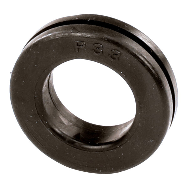 A black, circular rubber-like grommet with a central hole and a visible groove around its circumference.