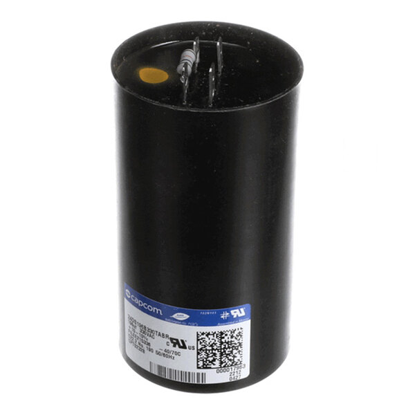 A cylindrical black electronic component with two terminals on top and a label with a QR code and specifications on the side.