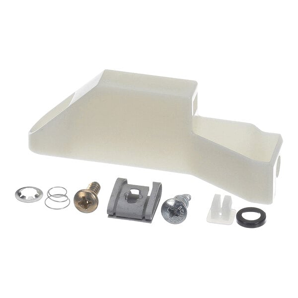 A set of small hardware components including a white plastic bracket, screws, washers, a spring, a metal clip, and a rubber ring, arranged in a row on a white background.