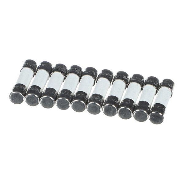 Ten cylindrical fuses with metallic bodies and black end caps are arranged in a row on a white background.
