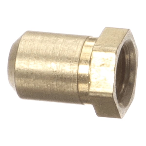 A small, cylindrical brass fitting with a hexagonal base and a threaded interior.