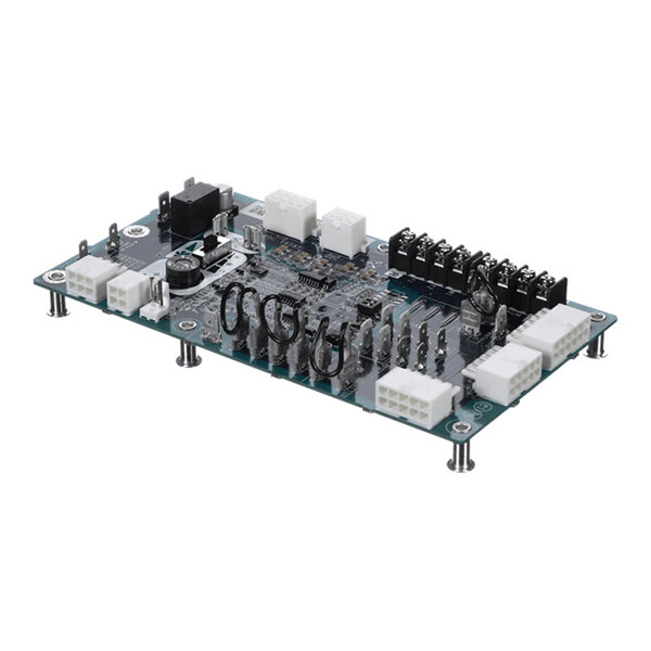 A rectangular electronic circuit board with multiple connectors, terminals, and components mounted on four standoffs.