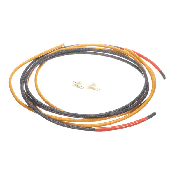 Two long, coiled wires—one black and one yellow—with red-tipped ends, and two small metal connectors placed in the center.
