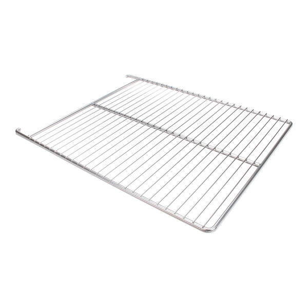 A rectangular metal wire rack with evenly spaced bars and a shiny finish.