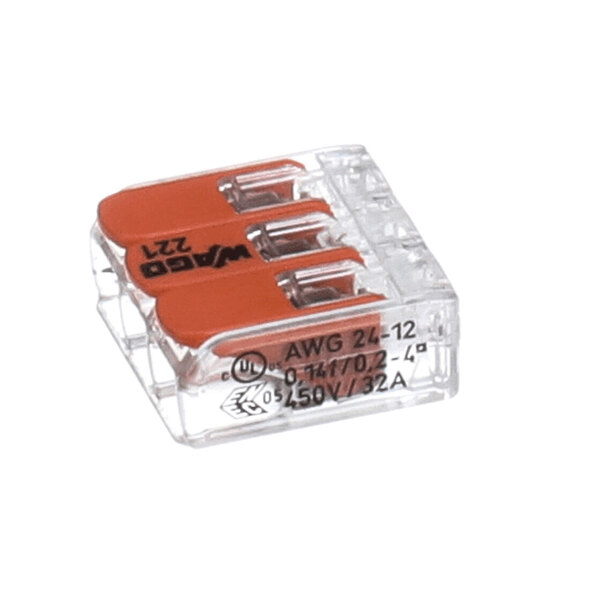 A transparent plastic connector with three orange levers and visible wire gauge markings on the side.