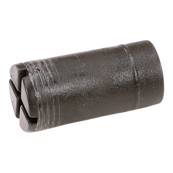 A black cylindrical plastic component with a slotted end, likely used as a screw or fastener.