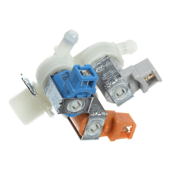 A three-way solenoid valve with blue, gray, and orange connectors and a white plastic body, featuring threaded and hose connections.