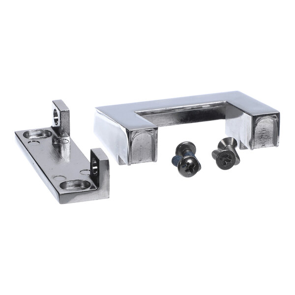 Two metallic bracket-like components and four screws are displayed on a white background.