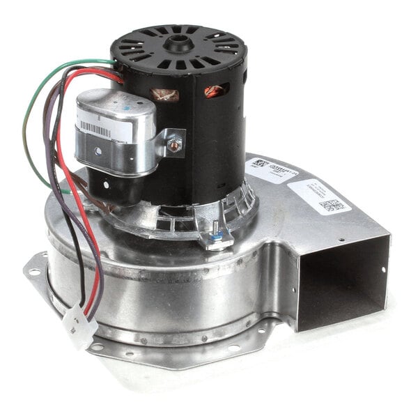 A metal and plastic combustion air blower assembly with attached wiring and a rectangular air outlet.