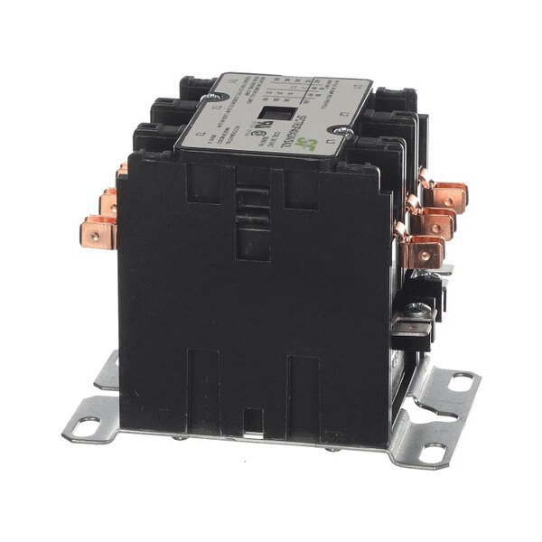 A black electrical contactor with multiple copper terminals and a metal mounting base.