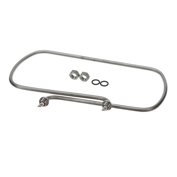 A metal heating element with two hex nuts and two rubber O-rings, likely used for a wash tank.