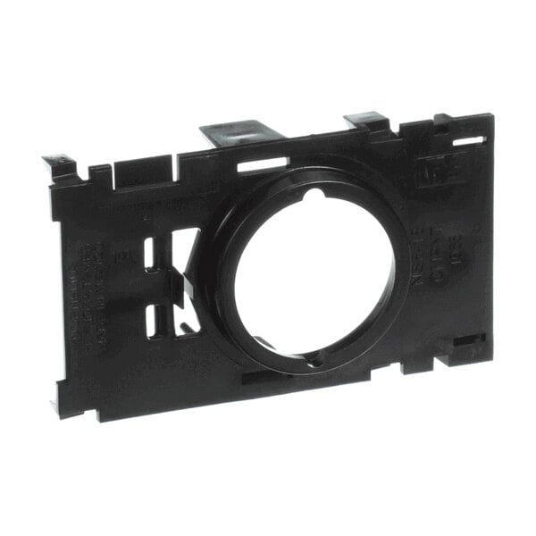 A rectangular black plastic component with a large central circular opening and several notches and cutouts along the edges.