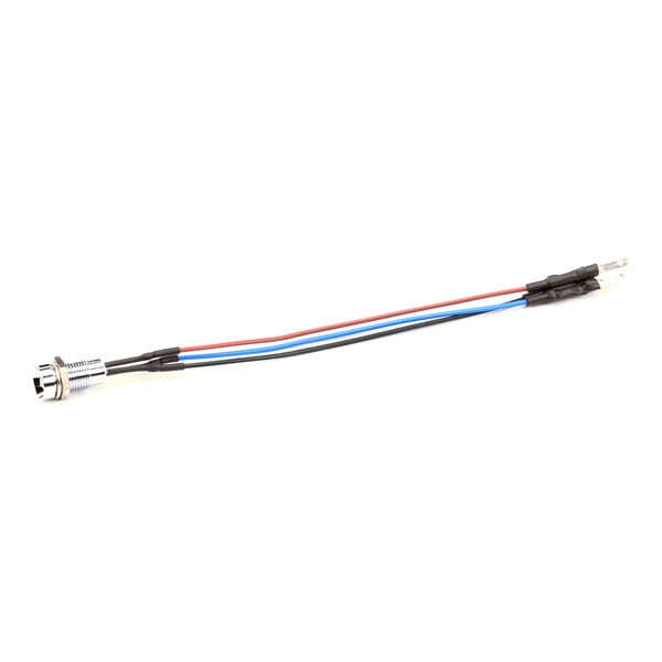A small LED light component with three attached colored wires (red, blue, and black) and connectors at each end.