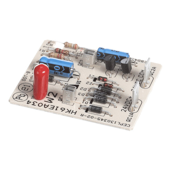 A small electronic circuit board with various components including capacitors, resistors, diodes, and connectors mounted on it.