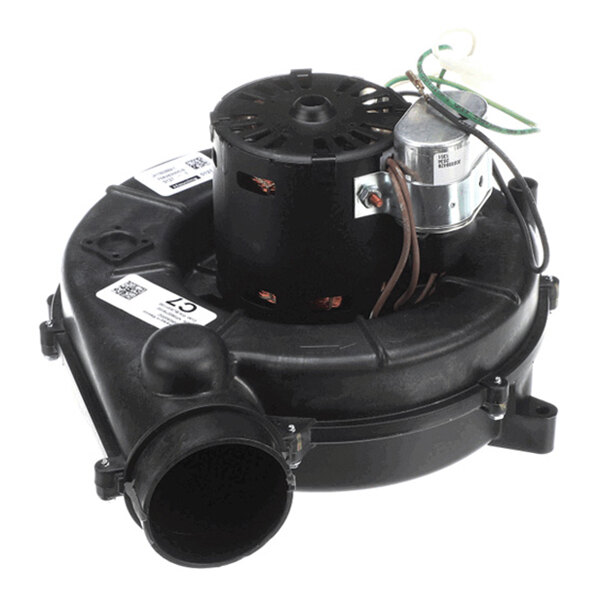 A black, circular mechanical blower assembly with an attached electric motor and visible wiring.