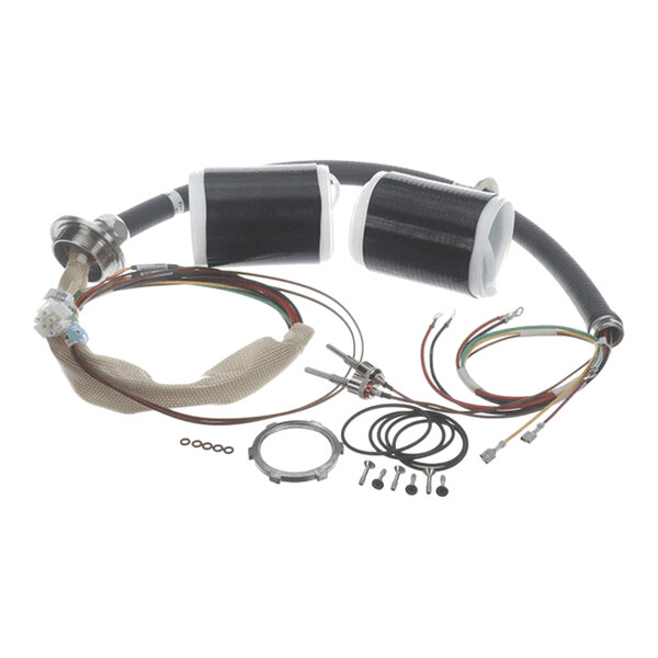 A collection of various mechanical and electrical components, including cables, connectors, hoses, and small hardware parts, arranged on a white background.