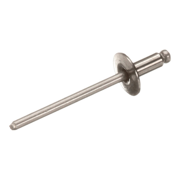 A metallic pop rivet with a round head and a long pin.