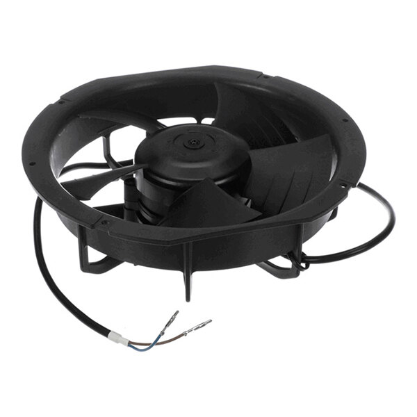 A black circular electric fan with a protective outer ring and two exposed wires for electrical connection.