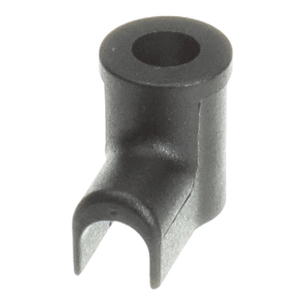 A small, black, cylindrical plastic component with a hollow center and a forked base.