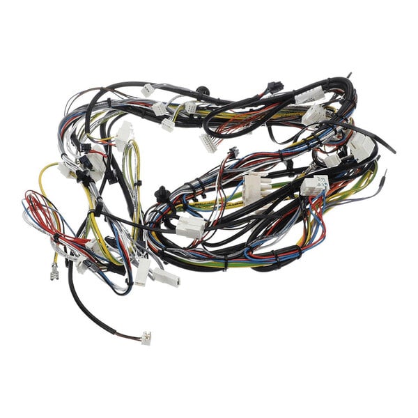 A bundle of multicolored electrical wires with various white plastic connectors attached.