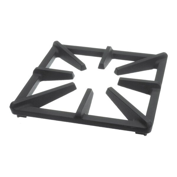 A square, black, cast iron or enamel-coated stove grate with angled supports and an open center.