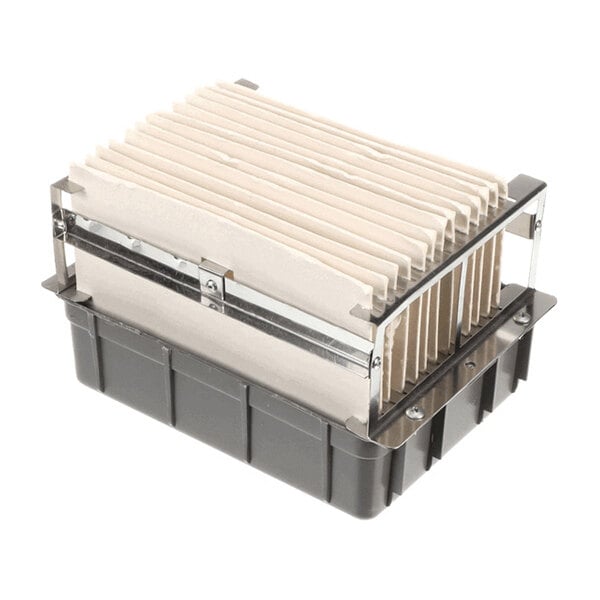 A rectangular plastic container with a metal frame holding several white absorbent pads arranged vertically.