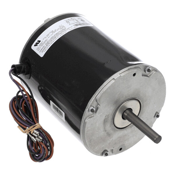 A cylindrical electric motor with a black housing, a protruding metal shaft, and several colored wires bundled together.
