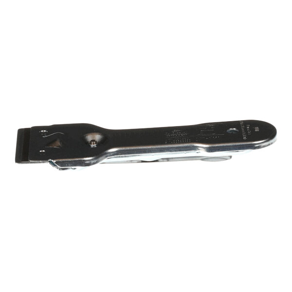 A metal scraper tool with a flat blade and a contoured handle, designed for cleaning surfaces.