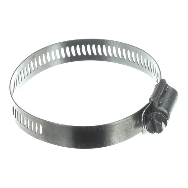 A metal hose clamp with a slotted band and a screw mechanism for tightening.