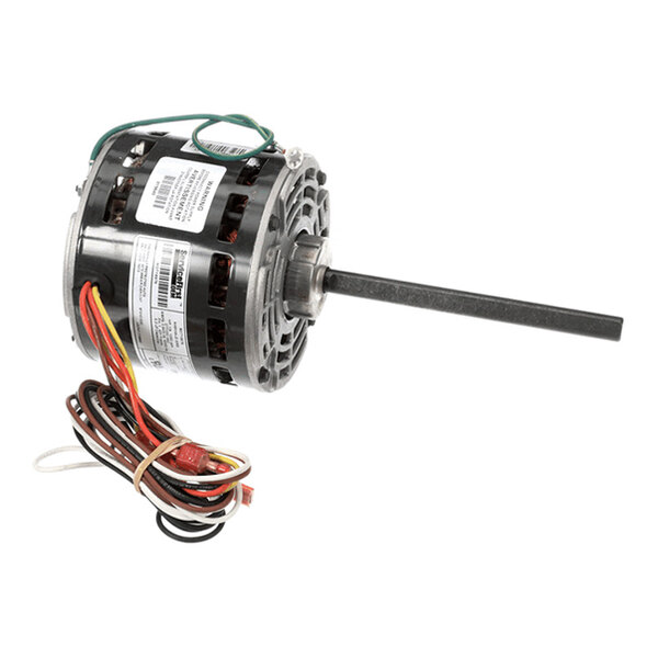 A cylindrical electric motor with a long shaft and several colored wires attached.