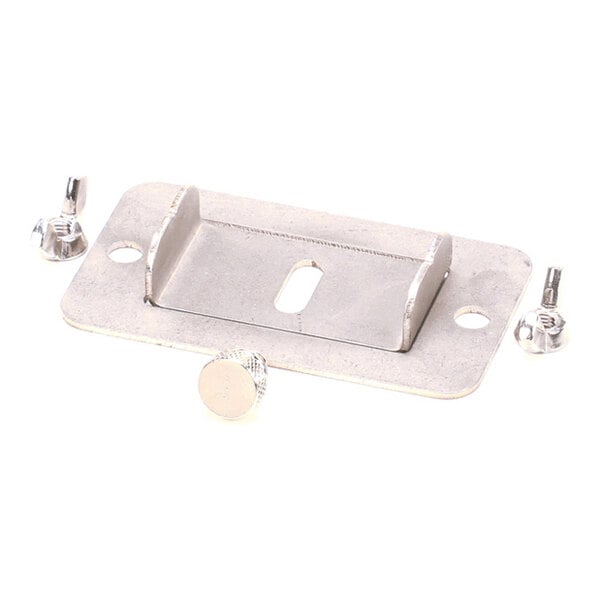 A rectangular metal bracket with two raised sides, a central slot, and two accompanying wing screws.