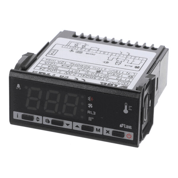 A digital electronic control panel with a display screen, several buttons, and indicator icons, featuring a wiring diagram label on top.