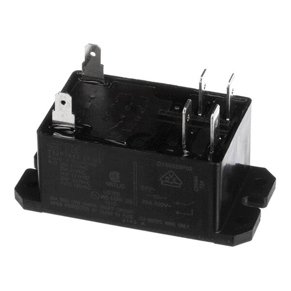 A black rectangular electrical relay with multiple metal prongs and mounting flanges on each side.