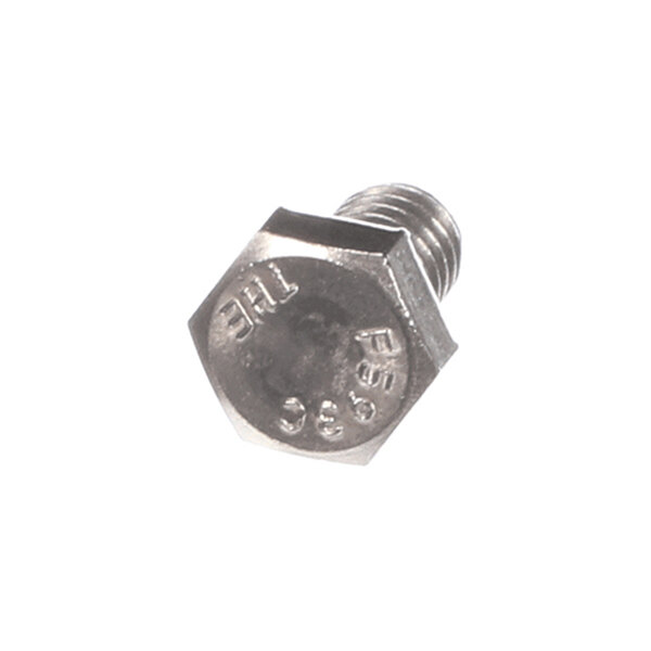 A metal hex-head screw with visible threading and markings on the head.