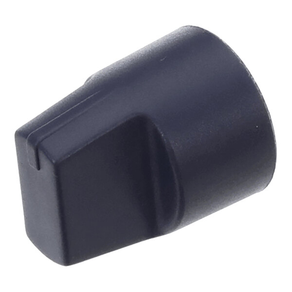 A black, cylindrical plastic knob with a flat, angled top and a groove along one side.