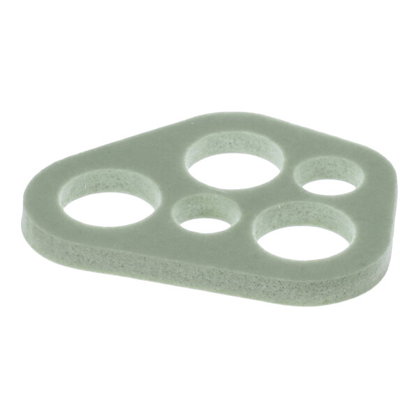 A gray, irregularly shaped gasket with five circular holes of varying sizes.