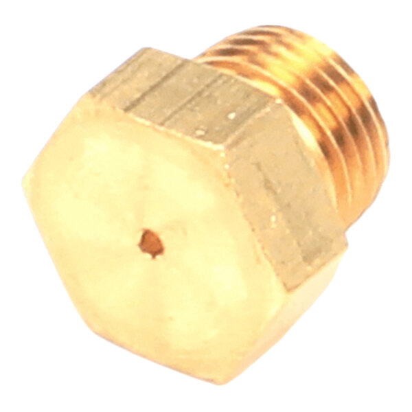 A close-up view of a brass hexagonal orifice fitting with a small central hole and threaded end.
