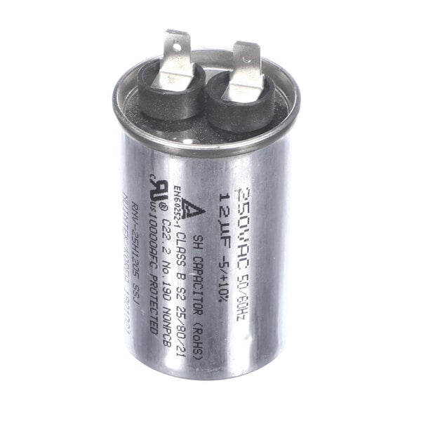 A cylindrical metallic capacitor with two electrical terminals on top and printed specifications on the side.
