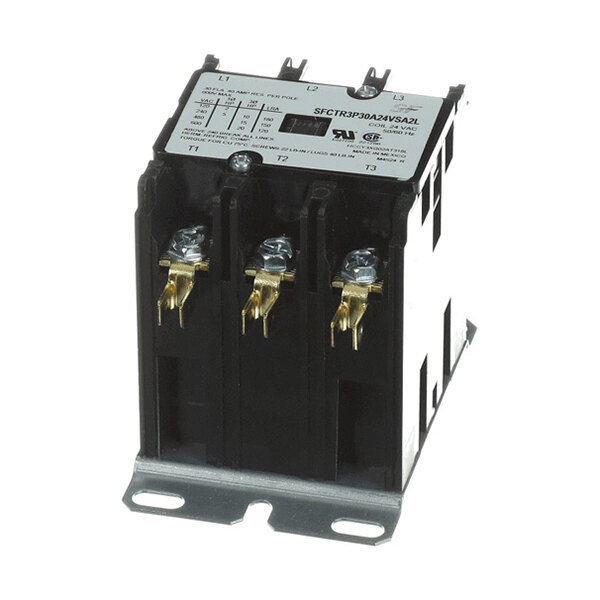 A black and metallic electrical contactor with three connection terminals and a labeled top plate.