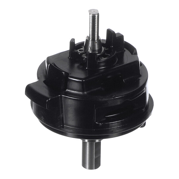 A black cylindrical mechanical component with a central metal shaft extending from both the top and bottom.