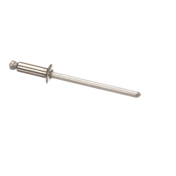A single metallic blind rivet with a round head and a long shaft, photographed on a white background.