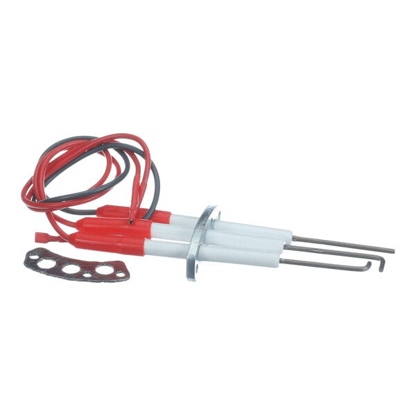 A set of three spark plug-like components with red and white insulated wires attached, a metal mounting plate, and a small gasket with multiple holes.