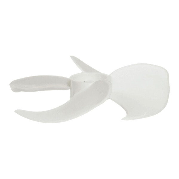 A white plastic fan blade with four curved blades attached to a central hub.