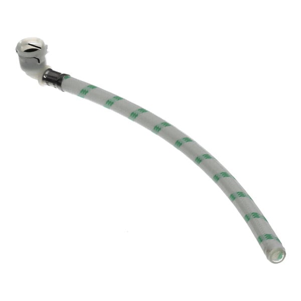 A flexible hose with a white and green patterned exterior and a connector fitting on one end.