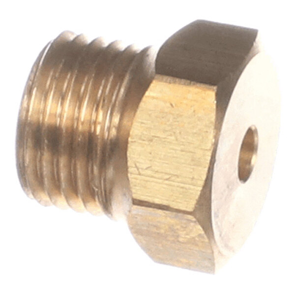 A close-up view of a small brass nozzle with external threading and a central hole.