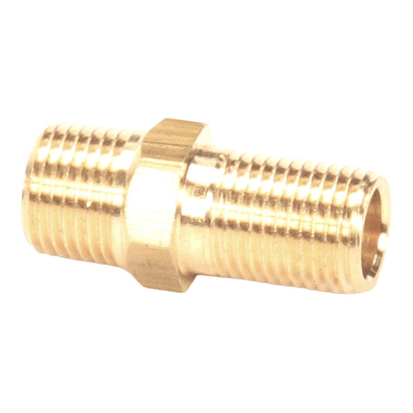 A brass-colored, straight, threaded metal fitting with a hexagonal center section.