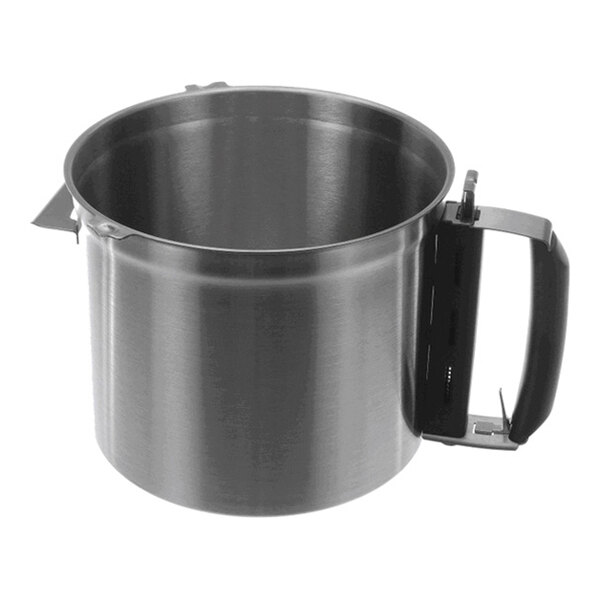 A stainless steel mixing bowl with a black handle and a pouring spout.