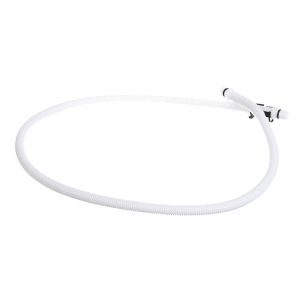 A white, flexible corrugated hose with connectors on both ends, coiled in a circular shape against a plain background.